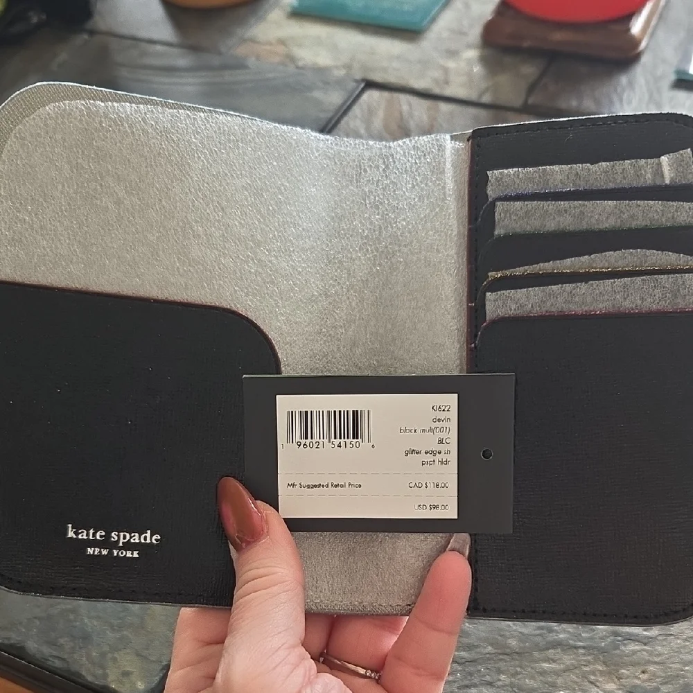kate spade Black & Multi-color Glitter Leather Logo Passport Wallet - Picture 7 of 7